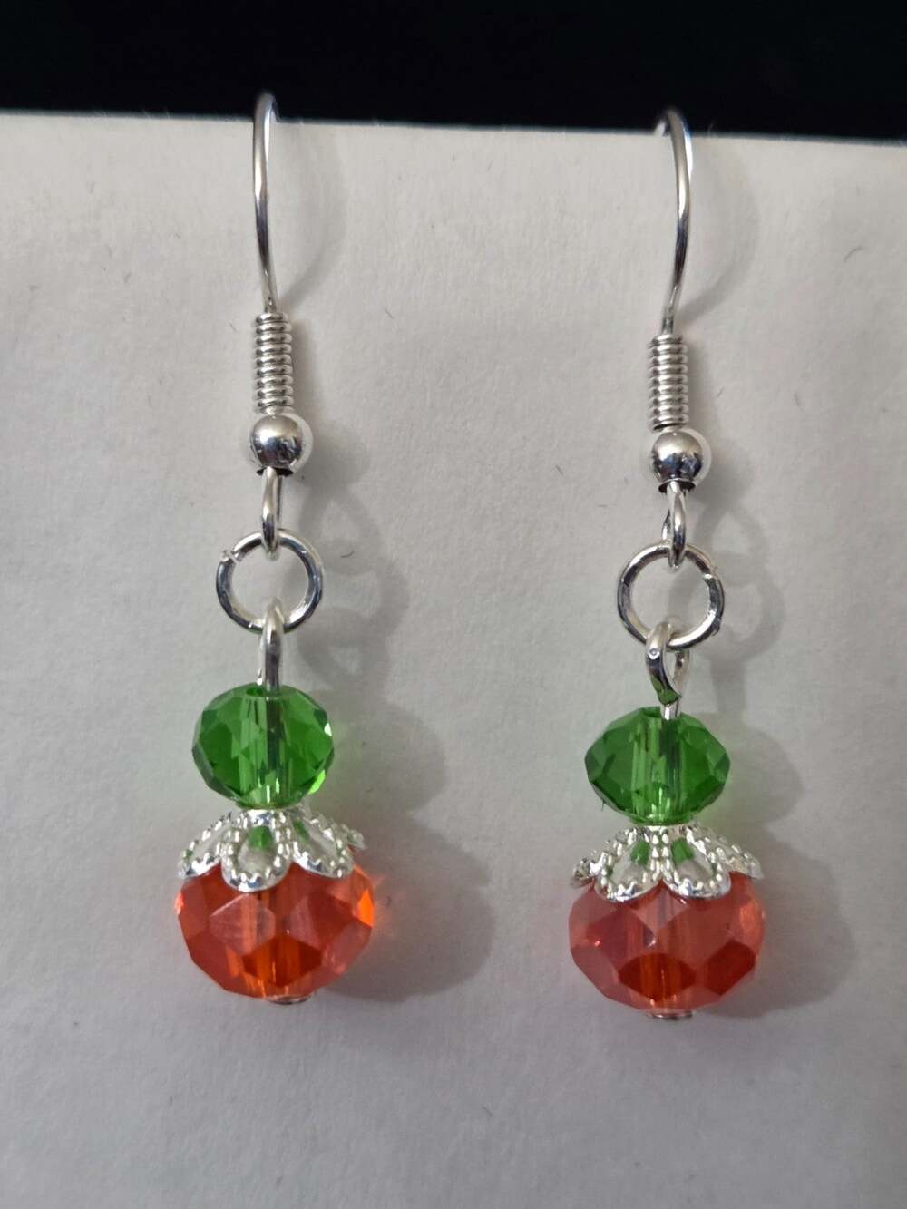 Handmade Orange Pumpkin Green Crystal Dangle Earrings Fall Harvest #H65